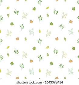 Seamless vector pattern with green forest plants and autumn leaves isolated on white background.v