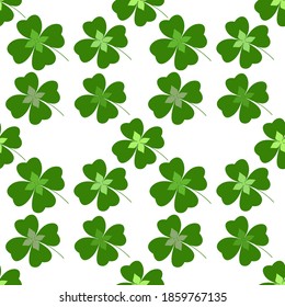 Seamless vector pattern with green four-leaf clovers on white. St. Patrick's day repeatable background.