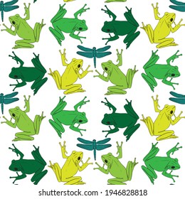 Patrón vectorial sin soldadura con ranas verdes y libélula sobre fondo blanco