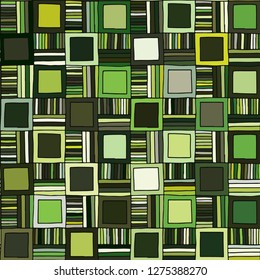 Seamless vector pattern. Green geometrical hand drawn background with figures, squares, lines. Print for background, wallpaper, packaging, wrapping, fabric.