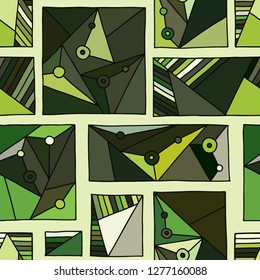 Seamless vector pattern. Green geometrical hand drawn background with rectangles, squares, triangles, dots. Print for wallpaper, packaging, wrapping, fabric. Line drawing, graphic design