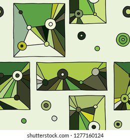 Seamless vector pattern. Green geometrical hand drawn background with rectangles, squares, triangles, dots. Print for wallpaper, packaging, wrapping, fabric. Line drawing, graphic design