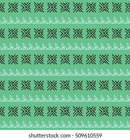 Seamless vector pattern. Green geometrical background with hand drawn little decorative elements. Print with ethnic, folk, traditional motifs. Graphic vector illustration. 