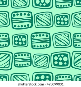 Seamless vector pattern. Green hand drawn endless background with ornamental decorative elements with ethnic, traditional motives. Series of Hand Drawn Ornamental Seamless vector Patterns