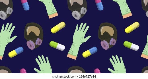Seamless vector pattern of green latex medical gloves, protection masks and colored capsule pills randomly distributed isolated on dark blue background. illustration for pharmaceutical industry.