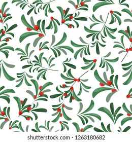 Seamless vector pattern. Green leaves, red berries. Holly Jolie. All elements are isolated