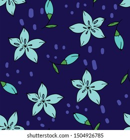 Seamless vector pattern with green leaves and blue flower on dark blue background. Wallpaper, fabric and textile design. Cute wrapping paper pattern with flowers. Good for printing.