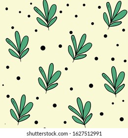 Seamless vector pattern with green leaves on  beige background. Wallpaper, fabric and textile design. Cute wrapping paper pattern with leaf. Good for printing.