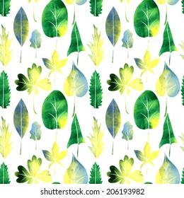 seamless vector pattern with green leaves painted by watercolor, vector illustration