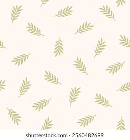 Seamless Vector Pattern With Green Leaves. Green Hand Drawn Olive Twigs Isolated on an Ivory Background. Simple Minimalist Floral Wallpaper.Trendy Irregular Endless Print of Green Twigs and Leaves.RGB