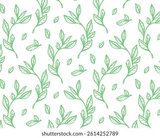 Seamless vector pattern with green leaves brush branches. Olive, eucalyptus, and laurel twigs in modern ornament style. Hand-drawn ink texture with abstract plant motifs.