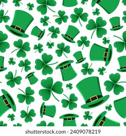 Seamless vector pattern of green leprechaun hats and shamrocks on a white background. Happy St. Patrick's Day. Lucky clover. Irish background.