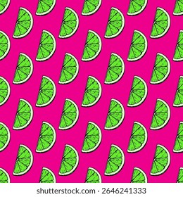 Seamless vector pattern with green lime slices on bright pink background. Hand drawn fruit print. Vintage design with citrus fruits for printing on textiles, fabrics, wallpapers, paper