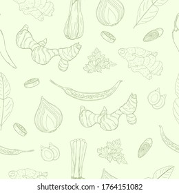 Seamless vector pattern of green line hand drawn Thai spices on light green background