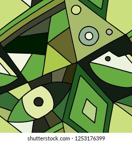 Seamless vector pattern, green lined asymmetric geometric background with rhombus, triangles. Print for decor, wallpaper, packaging, wrapping, fabric. Triangular abstrac design. Line drawing
