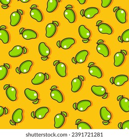 Seamless vector pattern of green mangos on a yellow background. Green fruit.