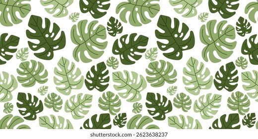 Seamless vector pattern of green monstera leaves on white background, perfect for tropical-themed designs, fabric prints, summer wallpapers, and botanical branding.
