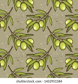 Seamless vector pattern with green olive branches. Nature background. Design for olive oil, natural cosmetics and health care products.