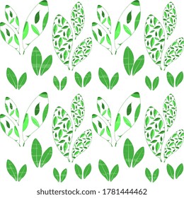 
Seamless vector pattern with green, openwork leaves on a white, artistic, textured background. Festive cover, wrapping and wrapping background.