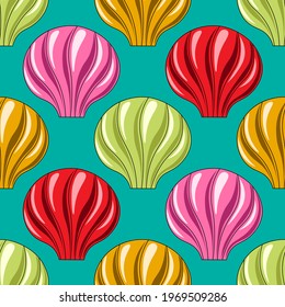 Seamless vector pattern with green, orange, red and pink seashells