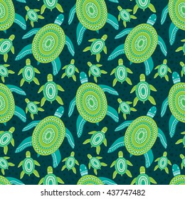 Seamless vector pattern with green ornament turtles. Sea reptile animal illustration background.