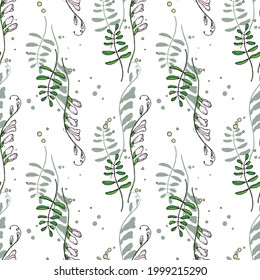 Seamless vector pattern of green peas. Drawing of green peas on a white background with a blue shadow. Green peas.For the design and finishing of fabric, paper, wallpaper and packaging.