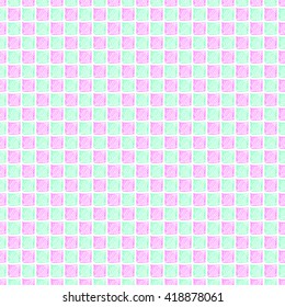 Seamless vector pattern. Green and pink geometrical background with hand drawn squares. Simple design. 