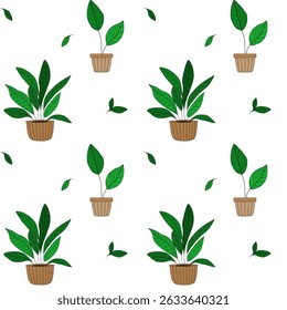 Seamless vector pattern with green potted houseplants and leaves on white background. Perfect for eco products, packaging, and modern interior decor.