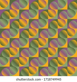 Seamless vector pattern in green, purple and yellow. Radiant gradients. Iridescent diagonally placed ellipses looking like cosmic peas in pods. Colourful design perfect for textile and wrapping.