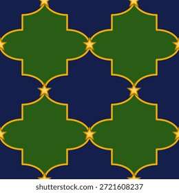 Padrão vetorial contínuo de formas quatrefoil verdes com estrelas douradas em um fundo azul profundo, evocando uma sensação de elegância festiva e harmonia geométrica.