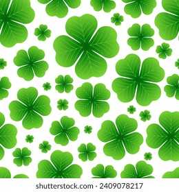 Seamless vector pattern of green quatrefoils with veins. Happy St. Patrick's Day. Lucky clover. Beautiful natural background.