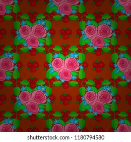 Seamless vector pattern in green, red and orange colors with cute rose flowers and green leaves. Floral background.
