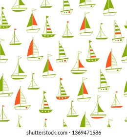 Seamless vector pattern with green and red ships on a white background. Cute child illustration. Sea transport. Cartoon spring pattern.