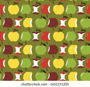 Seamless vector pattern with green, red and yellow apples. Outlines of bright whole and bitten apples on olive background. Modern design for food, diet, nature, vegan and vegetarian related design.