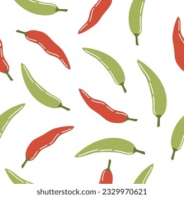 Seamless vector pattern. Green and red pepper on white background . Vector illustration