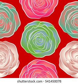 Seamless vector pattern with green, red and pink roses. Design of flowers in vintage style. Illustration of floral decoration.