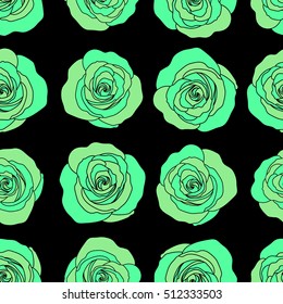 Seamless vector pattern with green roses. Design of flowers in vintage style. Illustration of floral decoration on a black background.