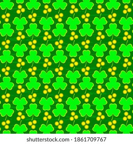 Seamless vector pattern with green shamrock leaves and gold coins on a green background, textured, art. Illustration for St. Patricks Day