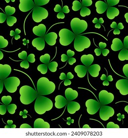 Seamless vector pattern of green shamrocks on a black background. Design elements for a Happy St. Patrick's Day. Lucky clover. Eco-friendly natural background.