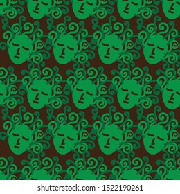 A seamless vector pattern with green sleeping medusa headson a dark background. Surface print design.