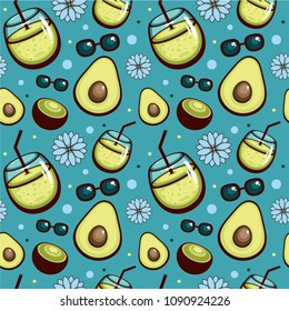 Seamless vector pattern with green smoothies, avocado, kiwi fruit, sunglasses and flowers. Template for fabric and wrapping. Fashion summer textile print.