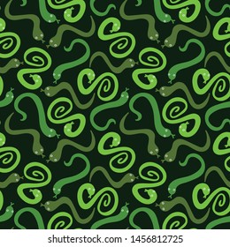 A seamless vector pattern with green snakes scattered on dark background. Srface print design.