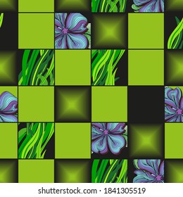 seamless vector pattern with green squares with flowers and herbs on black background