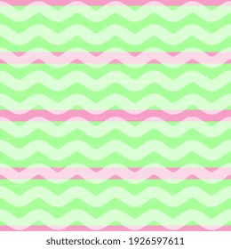Seamless vector pattern with green stripes and white transparent waves on a pink background. Beautiful pattern with texture for packaging, hoop, surface.