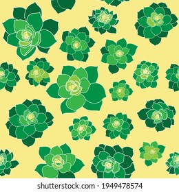 Seamless Vector Pattern Green Succulents with Yellow Background