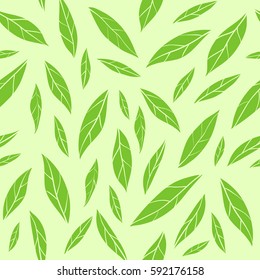 Seamless vector pattern with green tea leaves. Fashion print, wrapping paper, wallpaper design