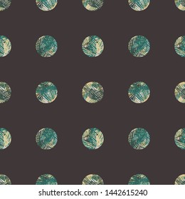 A seamless vector pattern with green textured circles on brown background. Surface print design