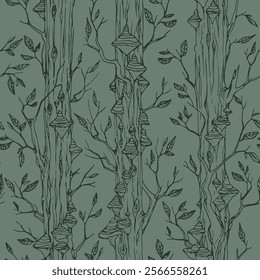 
Seamless vector pattern in green tones with tree trunks covered with mushrooms.