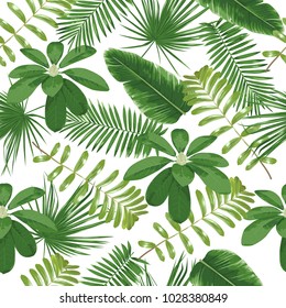 Seamless vector pattern with green tropical leaves. Trendy bright leaf background.