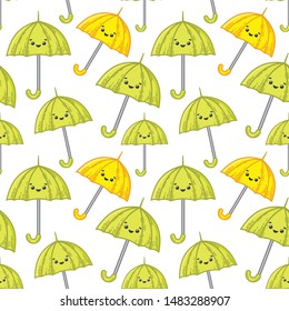 Seamless vector pattern with green and yellow umbrellas with funny faces